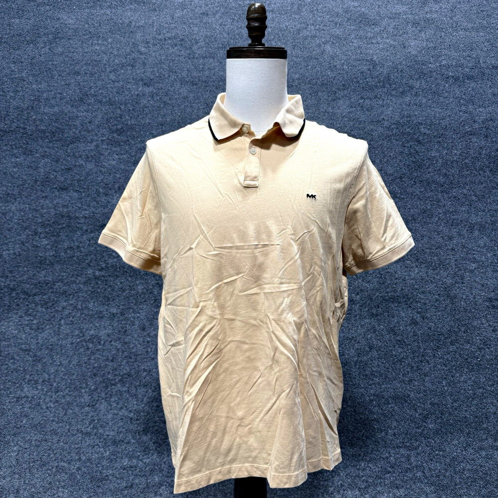 Michael Kors Mens Large Cream Polo Shirt Black Trim MK Logo Short Sleeve